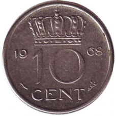 Монета 10 центів. 1968 рік, Нідерланди.