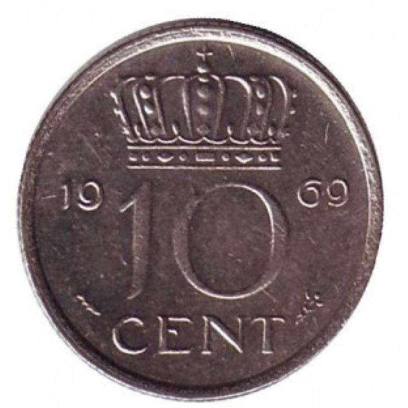 Монета 10 центів. 1969 рік, Нідерланди. Монета 10 центів. 1969 рік, Нідерланди.