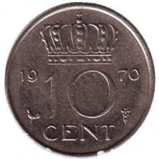 Монета 10 центів. 1970 рік, Нідерланди.