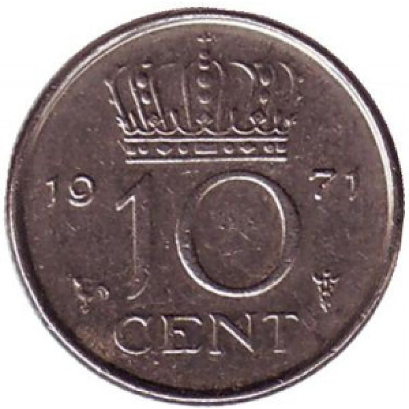 Монета 10 центів. 1971 рік, Нідерланди Монета 10 центів. 1971 рік, Нідерланди