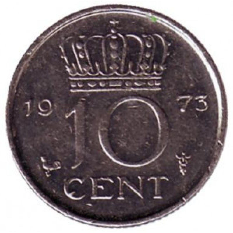 Монета 10 центів. 1973 рік, Нідерланди. Монета 10 центів. 1973 рік, Нідерланди.