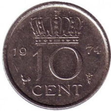 Монета 10 центів. 1974 рік, Нідерланди.