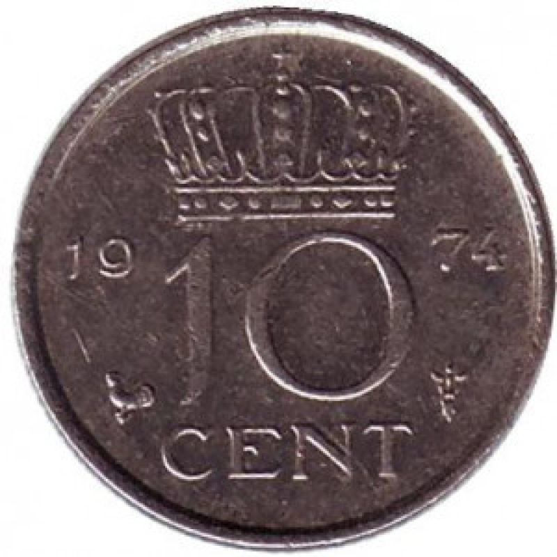 Монета 10 центів. 1974 рік, Нідерланди. Монета 10 центів. 1974 рік, Нідерланди.