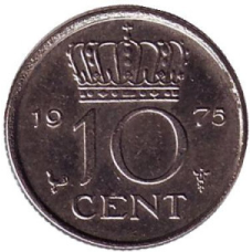 Монета 10 центів. 1975 рік, Нідерланди.