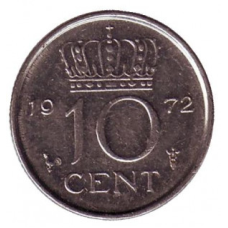 Монета 10 центів. 1977 рік, Нідерланди.