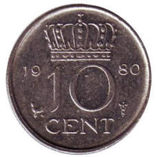 Монета 10 центів. 1980 рік, Нідерланди.
