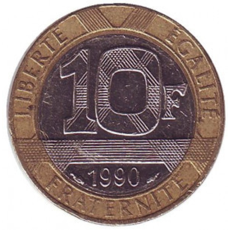 Монета 10 франків. 1990 рік, Франція. Монета 10 франків. 1990 рік, Франція.