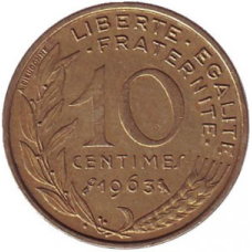 Монета 10 сантимів. 1962 - 2001 рік, Франція.