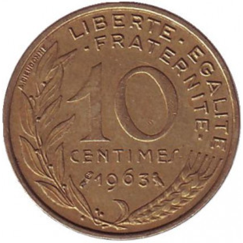 Монета 10 сантимів. 1962 - 2001 рік, Франція. Монета 10 сантимів. 1962 - 2001 рік, Франція.