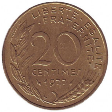 Монета 20 сантимів. 1959-2002 рік, Франція.