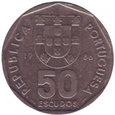 Вітрильник. Монета 50 ескудо. 1986,88,89 рік, Португалія.(Г)
