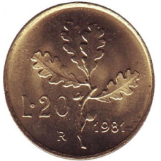 Дубова гілка. Монета 20 лір. 1975,81,89 рік, Італія.(АМ)