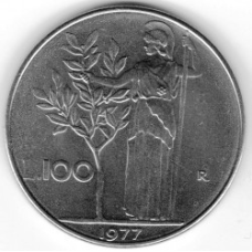 Богиня мудрості Мінерва поруч з оливковим деревом. Монета 100 лір. 1946-2001 рік, Італія. (Г)