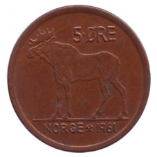 Лось. Монета 5 ері. 1958-73 рік, Норвегія. (ББ)