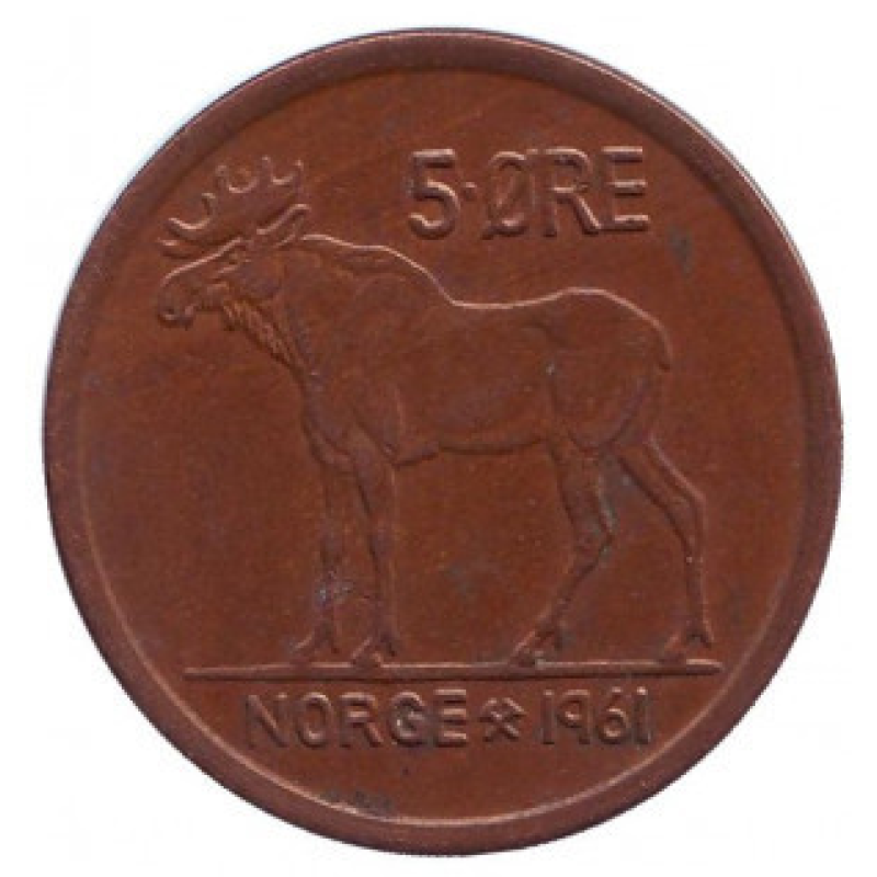 Лось. Монета 5 ері. 1958-73 рік, Норвегія. (ББ) Лось. Монета 5 ері. 1958-73 рік, Норвегія. (ББ)