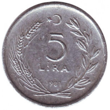 Монета 5 лір. 1981,83 рік, Туреччина. (Г)