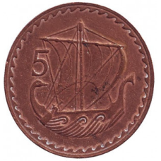 Стародавнє торгове судно. Монета 5 мілле. 1973,80 рік, Кіпр..(Р)