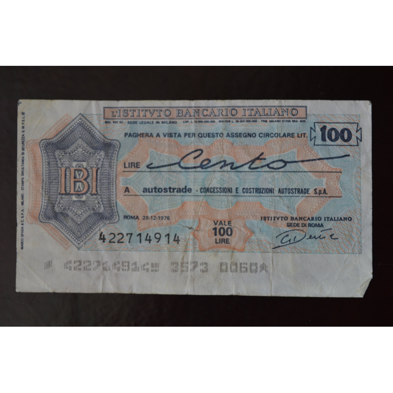 Чек. Італія 100 Лір 1976год (ЧК-1) ЛОТ 28 Чек. Італія 100 Лір 1976год (ЧК-1) ЛОТ 28