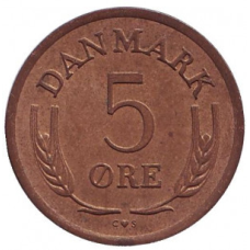 Монета 5 эре. 1960-1972 год, Дания. C;S