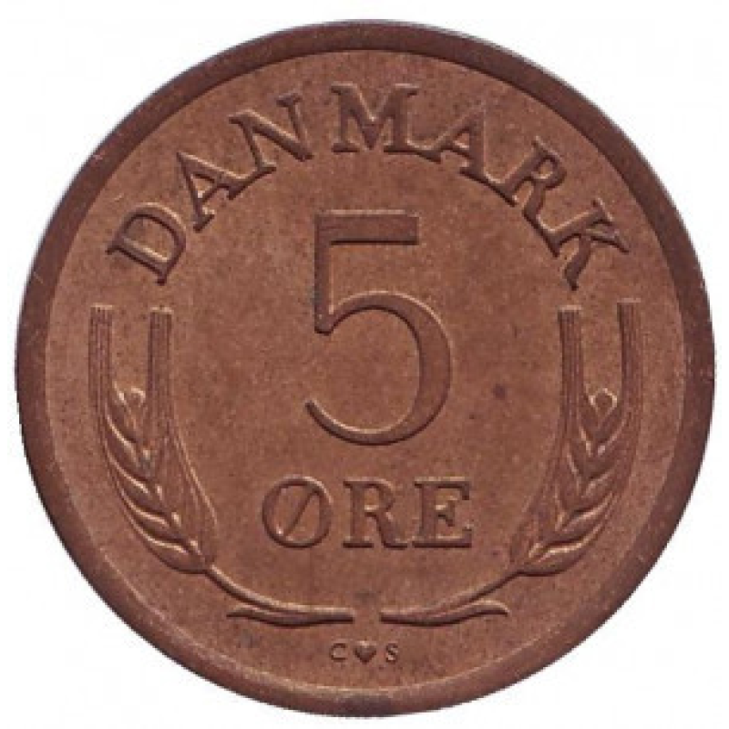 Монета 5 эре. 1960-1972 год, Дания. C;S