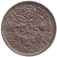 Флора: цибуля-порей, троянда, чортополох і трилисник. Монета 6 пенсів. 1954-70 рік, Великобританія.(В)
