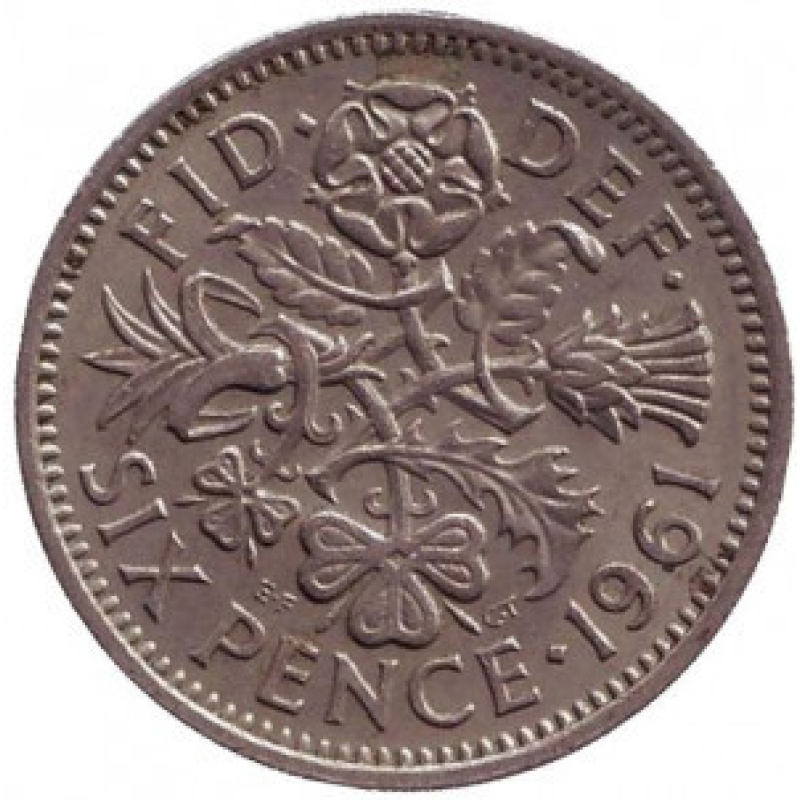 Флора: цибуля-порей, троянда, чортополох і трилисник. Монета 6 пенсів. 1954-70 рік, Великобританія.(В) Флора: цибуля-порей, троянда, чортополох і трилисник. Монета 6 пенсів. 1954-70 рік, Великобританія.(В)