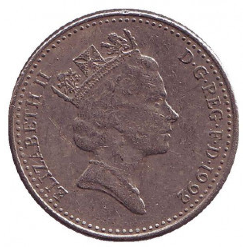 Лев. Монета 10 пенсів. 1992 рік, Великобританія.(В) Лев. Монета 10 пенсів. 1992 рік, Великобританія.(В)