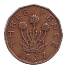 Лук-порей. Монета 3 пенси. 1937,41,42,43 рік, Великобританія.(В)