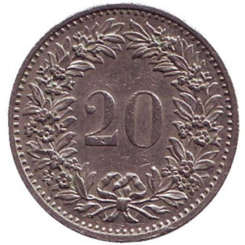 Монета 20 рапенів. 1974,75 рік, Швейцарія. Монета 20 рапенів. 1974,75 рік, Швейцарія.