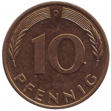 Дубове листя. Монета 10 пфенігів. 1989 рік (D), ФРН.(Г)
