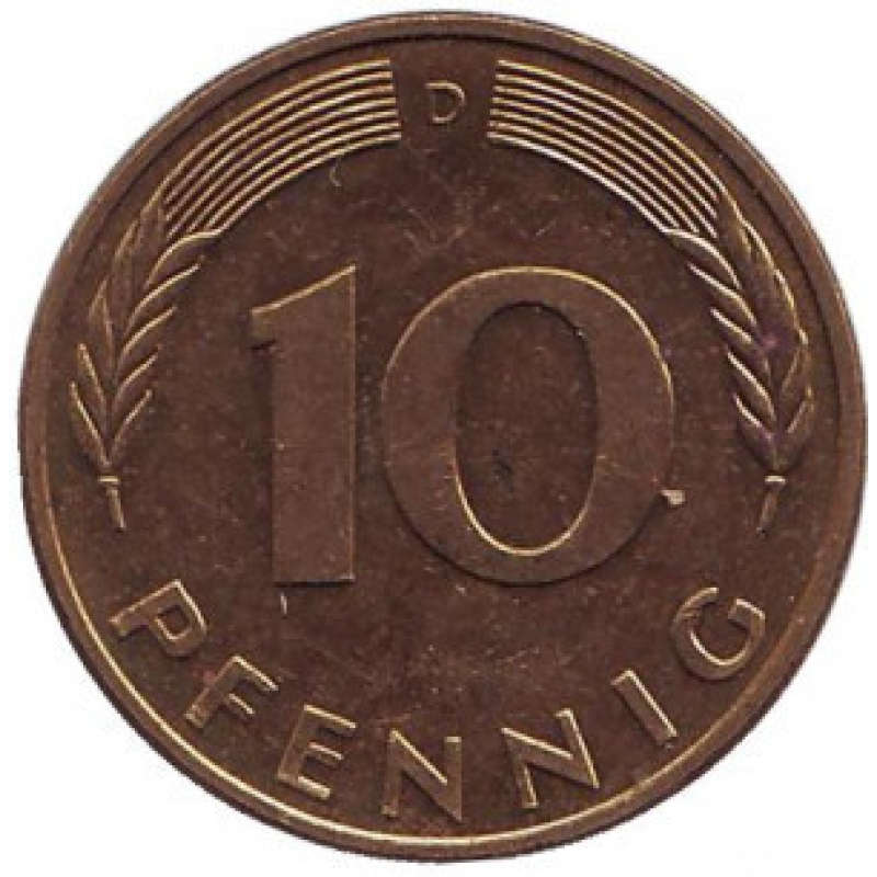Дубове листя. Монета 10 пфенігів. 1989 рік (D), ФРН.(Г)