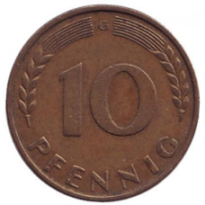 Дубове листя. Монета 10 пфенігів. 1950,66,90 рік (G), ФРН.(Г)