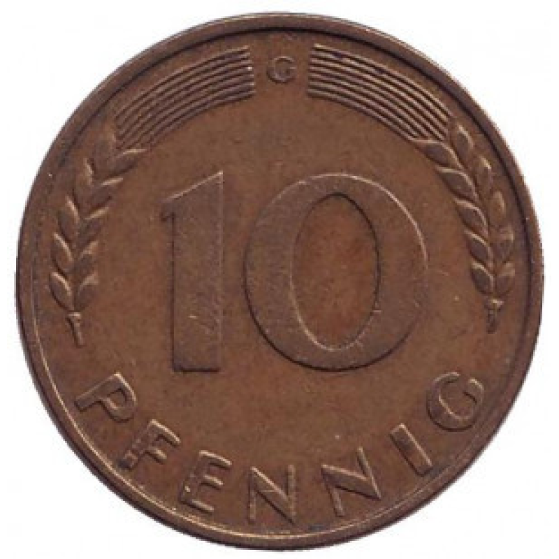 Дубове листя. Монета 10 пфенігів. 1950,66,90 рік (G), ФРН.(Г) Дубове листя. Монета 10 пфенігів. 1950,66,90 рік (G), ФРН.(Г)