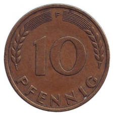 Дубове листя. Монета 10 пфенігів. 1950 рік (F), ФРН.(Г)