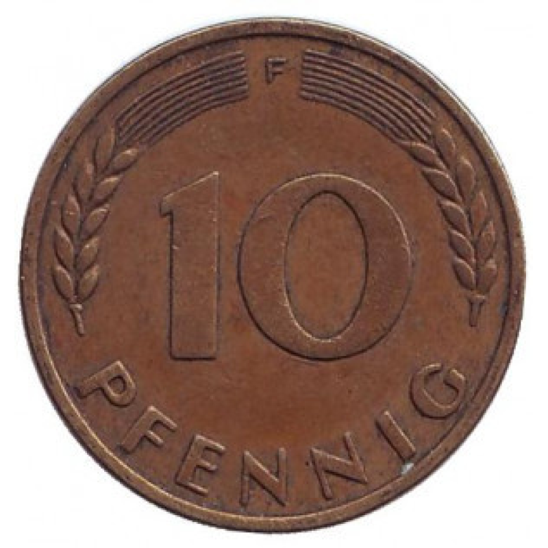 Дубове листя. Монета 10 пфенігів. 1950 рік (F), ФРН.(Г)