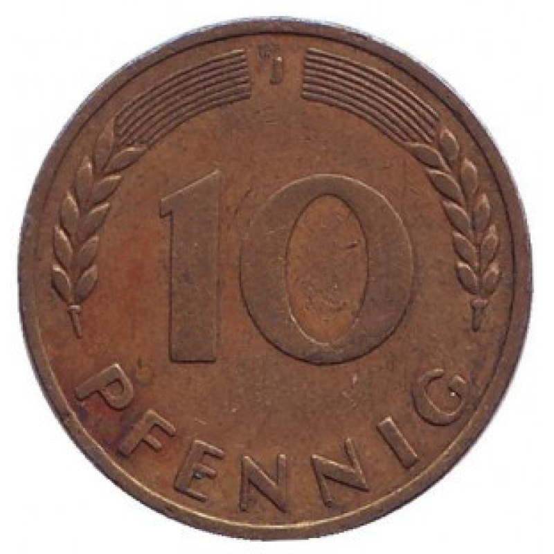 Дубове листя. Монета 10 пфенігів. 1950 рік (J), ФРН.(Г)