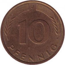 Дубове листя. Монета 10 пфенігів. 1948-89 рік (J), ФРН..(Р)