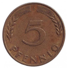 Дубове листя. Монета 5 пфенігів. 1948-89 рік (J), ФРН..(Р)
