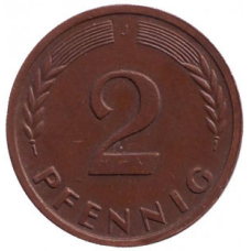 Дубове листя. Монета 2 пфеннига. 1948-89 рік (J), ФРН..(Р)