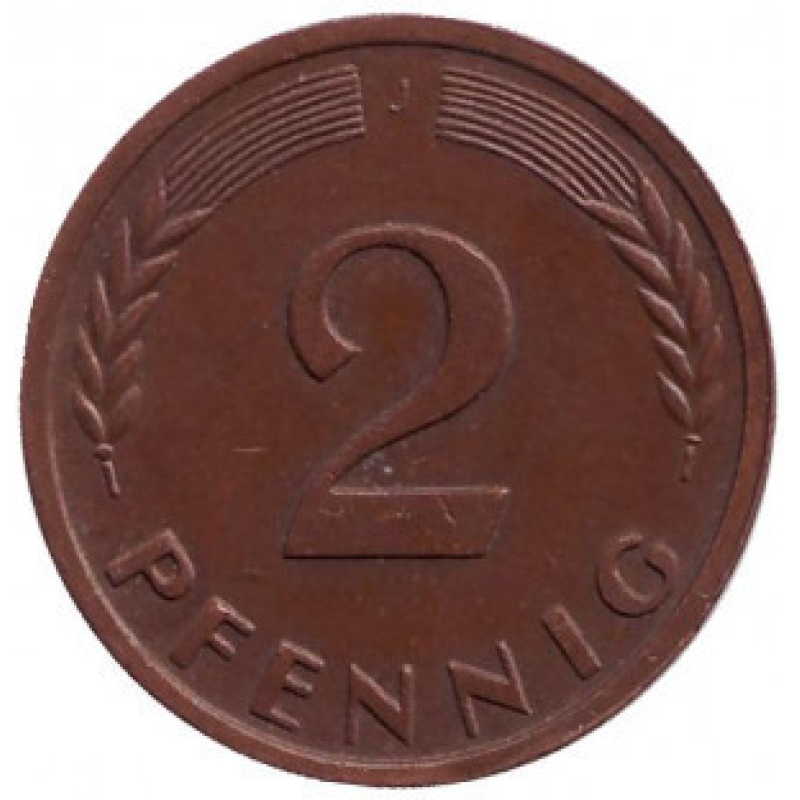 Дубове листя. Монета 2 пфеннига. 1948-89 рік (J), ФРН..(Р) Дубове листя. Монета 2 пфеннига. 1948-89 рік (J), ФРН..(Р)