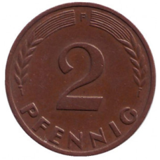 Дубове листя. Монета 2 пфеннига. 1948-89 рік (F), ФРН..(Р)