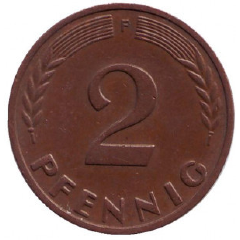Дубове листя. Монета 2 пфеннига. 1948-89 рік (F), ФРН..(Р) Дубове листя. Монета 2 пфеннига. 1948-89 рік (F), ФРН..(Р)