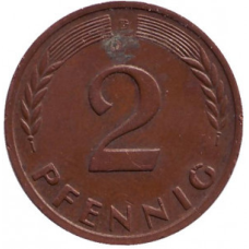 Дубове листя. Монета 2 пфеннига. 1948-89 рік (D), ФРН..(Р)