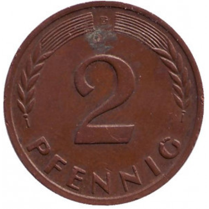 Дубове листя. Монета 2 пфеннига. 1948-89 рік (D), ФРН..(Р) Дубове листя. Монета 2 пфеннига. 1948-89 рік (D), ФРН..(Р)