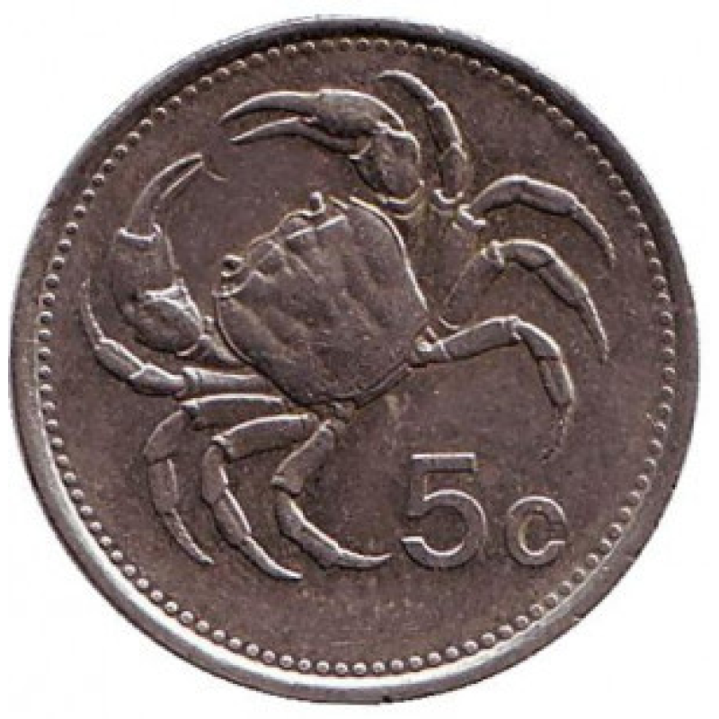 Краб. Монета 5 центів. 1986,98 рік. Мальта.(АТ) Краб. Монета 5 центів. 1986,98 рік. Мальта.(АТ)