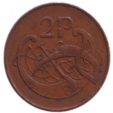 Птах. Ірландська арфа. Монета 2 пенси. 1971,79,95 рік, Ірландія.(АС)