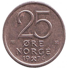 Монета 25 ері. 1976 рік, Норвегія.(АС)