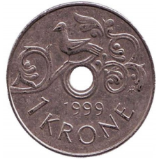 Птах на виноградній лозі. Монета 1 крона. 1999 рік, Норвегія.(АС)