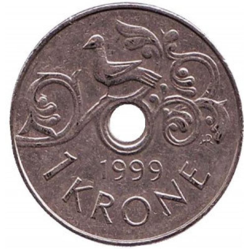Птах на виноградній лозі. Монета 1 крона. 1999 рік, Норвегія.(АС) Птах на виноградній лозі. Монета 1 крона. 1999 рік, Норвегія.(АС)
