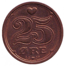 Монета 25 ері. 1989-2020 рік, Данія. (В)